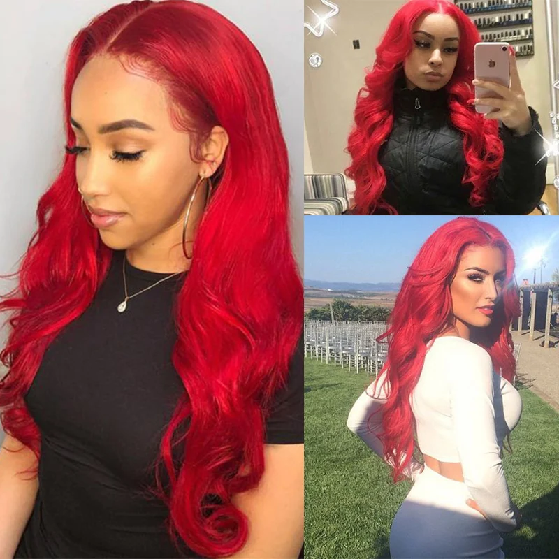 Red Burgundy Brazilian Body Wave Colored 13x4 Lace Front Human Hair Wig 180 Density