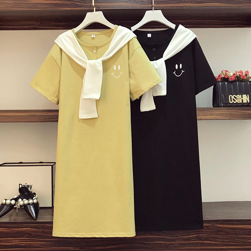 

4XL Plus Size Women Cotton Tshirt Dresses Summer 2021 Cute Cartoon Smiley Print Shawl and Short Sleeve Loose Casual Korean Dress