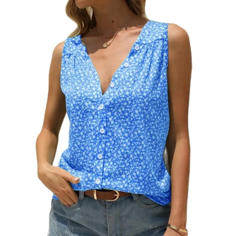

Large Size Summer New Arrival Ladies Hot Sale Sleeveless Printed Tank Top Fashion Casual V-Neck Splice Loose Button Shirt Female
