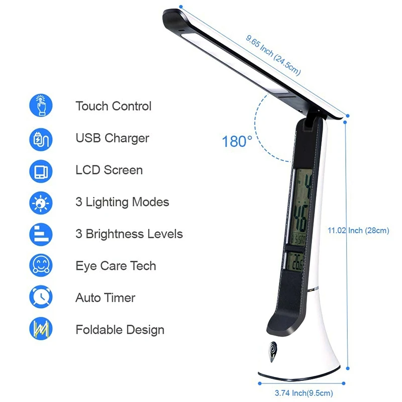 

LED Desk Lamp,Lamp Clock with 3 Color Modes Stepless Dimming,Touch Control Small Desk Lamp Have Calendar,Home and Office