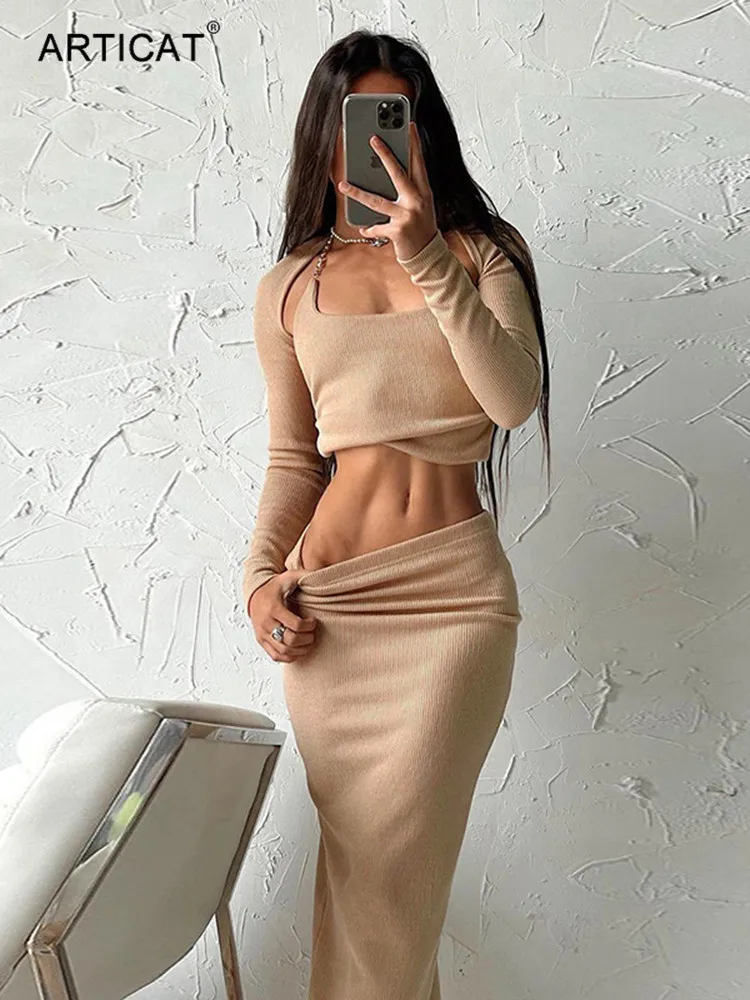 

Articat Spaghetti Strap Backless 3 Piece Set Slim Women Streetwear Long Sleeve Cardigan Sexy Solid Ankle Length Female Skirts