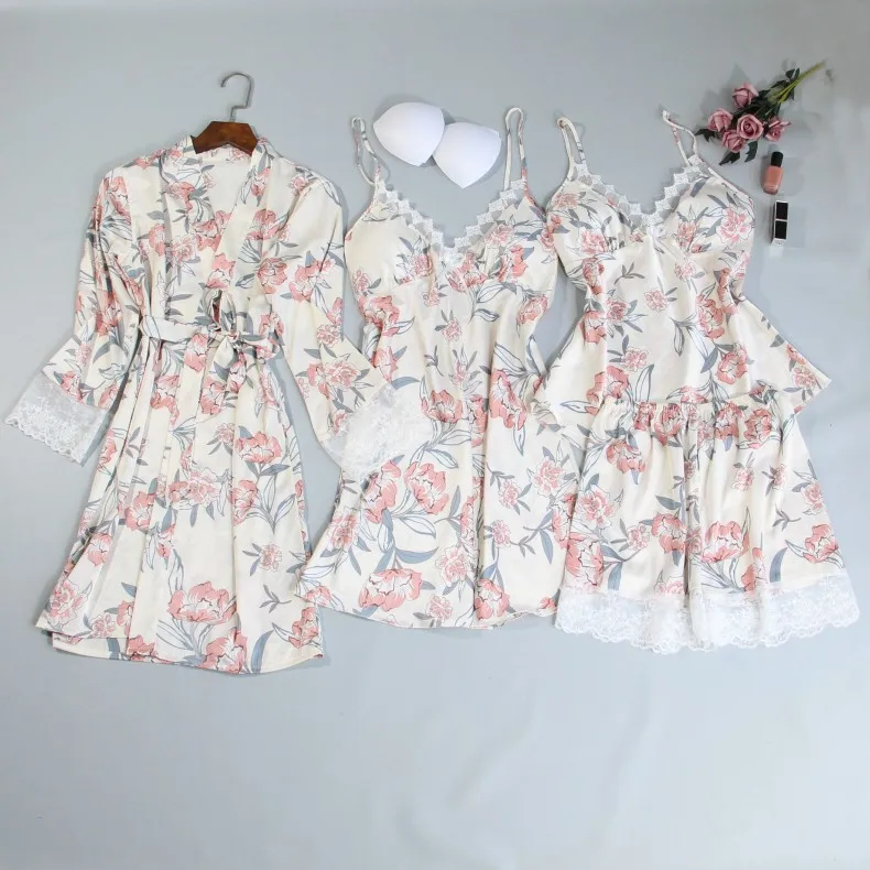 

2020 Summer Women Sexy V-neck Pyjamas Sets 4 Pcs Female Satin Lace Sleeveless Sleepwear Flower Print Pijama With Chest Pads
