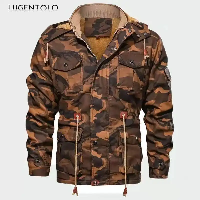 

Hooded Jackets Men Fashion Winter Fleece PU Moto Camouflage Coat Men's Casual Print Lapel Zipper Jacket Lugentolo