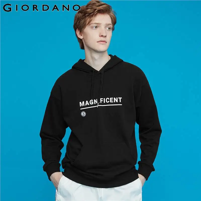 Giordano мужской свитшот кенгуру с капюшоном и небольшим печатным лого на передней