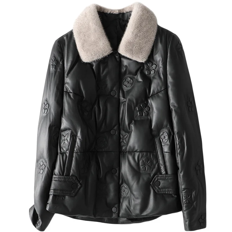 Winter Loose Printing Fashion New Mink Fur Collar Leather Down Jacket Autumn 2021 Women's Classic Sheepskin High-End Black Coat