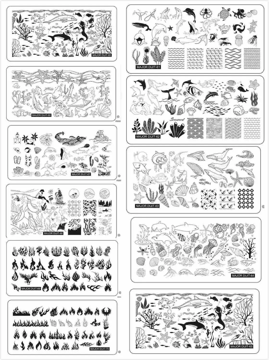 10 шт./лот пластины для штамповки ногтей прямоугольник подводный мир Пламя Дизайн