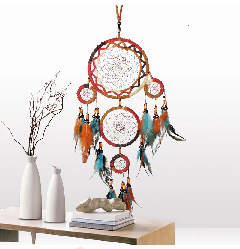 

Colorful 5 Iron Ring Feather Dream Catcher Wall Art Wind Chimes Indian Hand woven Pendant Christmas Gift Wedding Home Decor