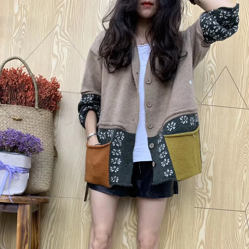 Women Sweater Loose Knitting Autumn Winter Retro jackets Tops 2019 New Casual Panelled pocket Ladies All-match Coat |