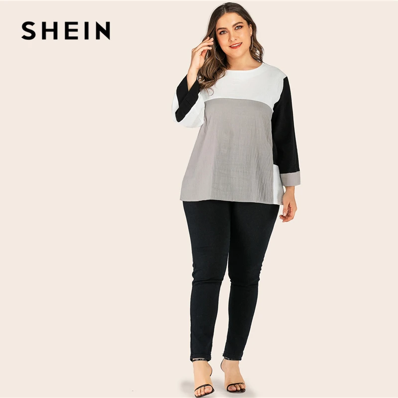 SHEIN/большие размеры; разноцветная блуза с широкими рукавами; Женская Повседневная блуза с круглым вырезом; сезон весна-осень; abaya Plus