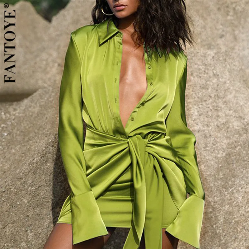 Fantoye Satin Deep V-neck Bandage Women Dress Green Long Sleeve Single Breasted Dress Women Autumn Skinny Femme Elegant Clothing