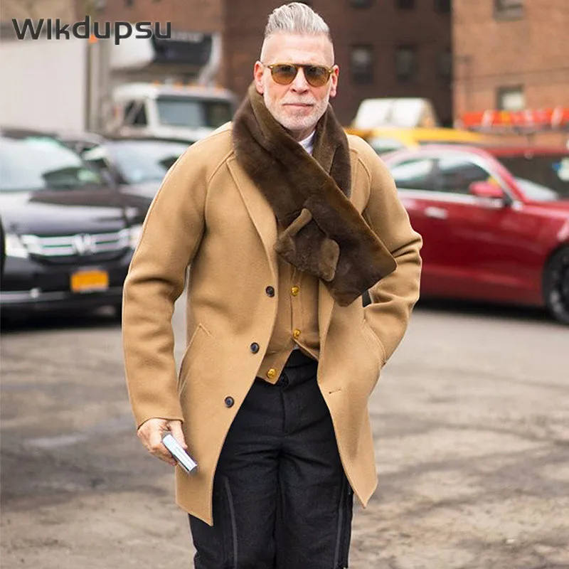 

Мужское шерстяное пальто, теплое длинное пальто из смешанной овечьей шерсти с натуральным мехом, роскошная дизайнерская верхняя одежда, зи...