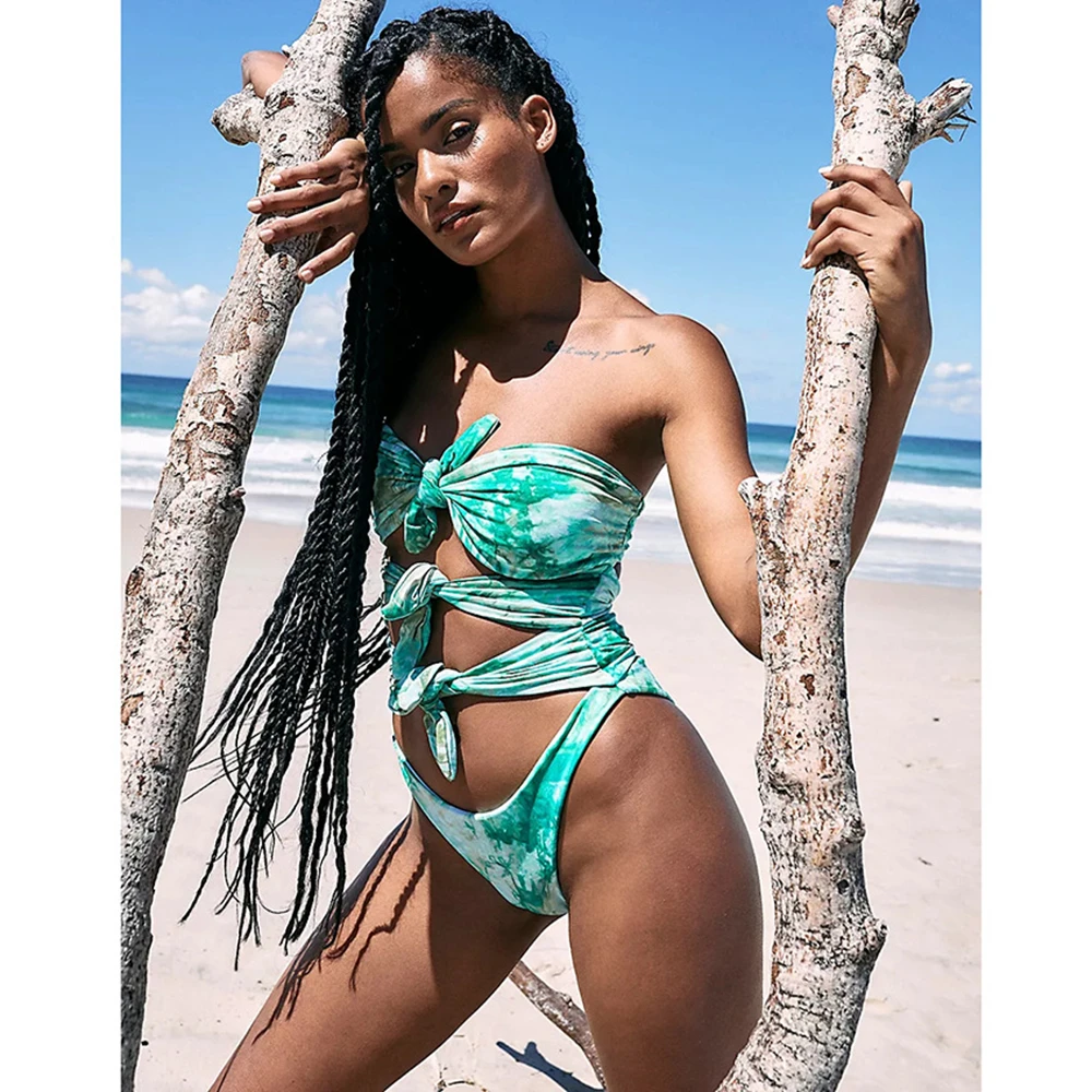 

Tie-dye Swimwear Female Green Cut-out One Piece Swimsuit Women Sexy Bandeau Monokini Sports Strapless Bathing Suit Beach Wear