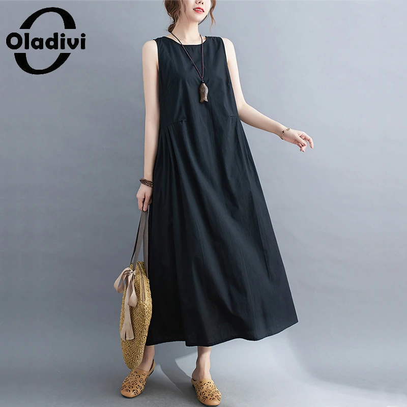 

Oladivi Oversized Clothes Casual Loose Sundress Sleeveless Dress 2021 Summer New Solid Vest Tank Dresses Long Robe Vestidio 2029