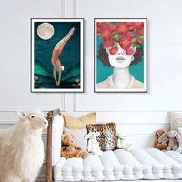 fashion flower woman poster butterfly canvas painting plant figure for living room modern decorative prins wall art pictures