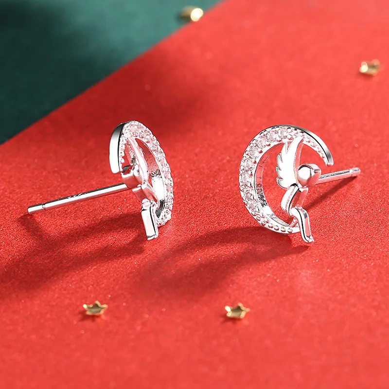 Серьги-гвоздики женские из серебра 925 пробы в форме ангела и Луны свадебные