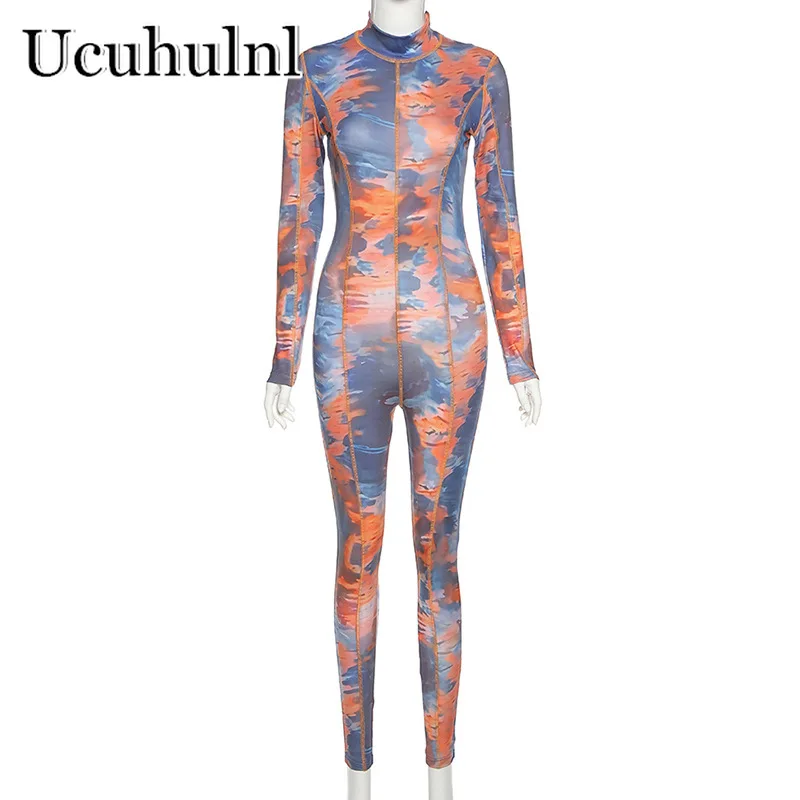 

Ucuhulnl Tie Dye Print Bodycon Women Jumpsuit Fashion Casual Turtleneck Long Sleeve One Piece Rompers Stretchy Slim Streetwear