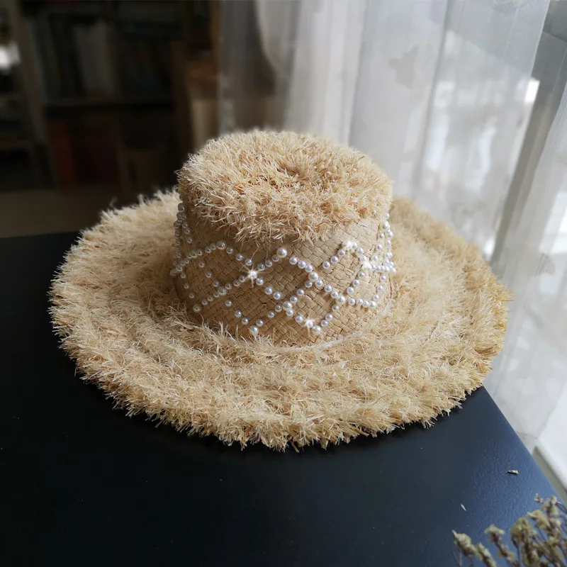 

Big Burr Lafite Straw Hat Pearl Large Brim Hat European And American Socialite Hat Goddess Flat Top Beach Hat