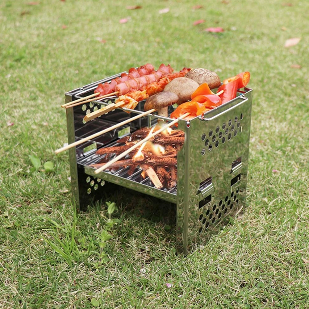 

Practical Mini Cooking Picnic Outdoor Barbecue Stove Portable Lightweight Stainless Steel Wood Burning Camping Folding Grill