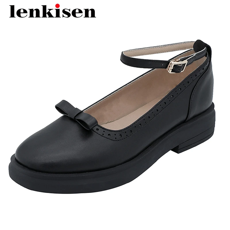 

Lenkisen vintage full grain leather Mary janes preppy style round toe thick med heel buckle straps dating maiden women pumps L09