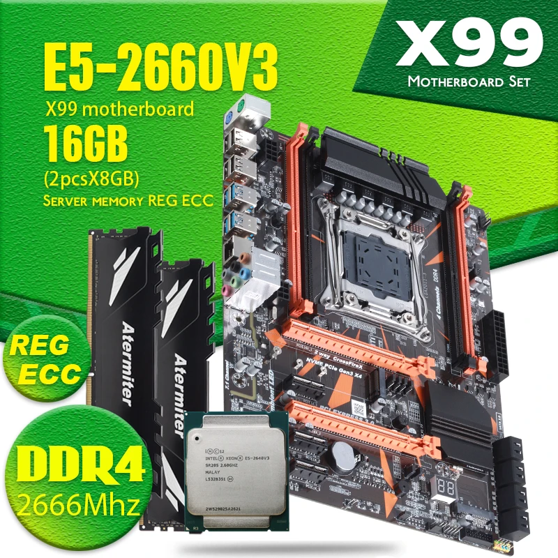 Комплект материнской платы Atermiter X99 процессор Xeon E5 2660 V3 LGA2011-3 Память DDR4 2 шт. X 8 ГБ = 16