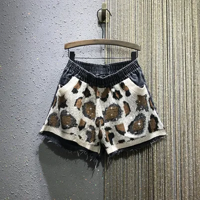 leopard Для женщин осень мешковатые брюки для девочек с леопардовым принтом джинсовые шорты с эластичной талией трикотажные джинсы в стиле пэчворк Шорты женская мода, Блестки Блестящие широкие Шорты - Цвет: leopard