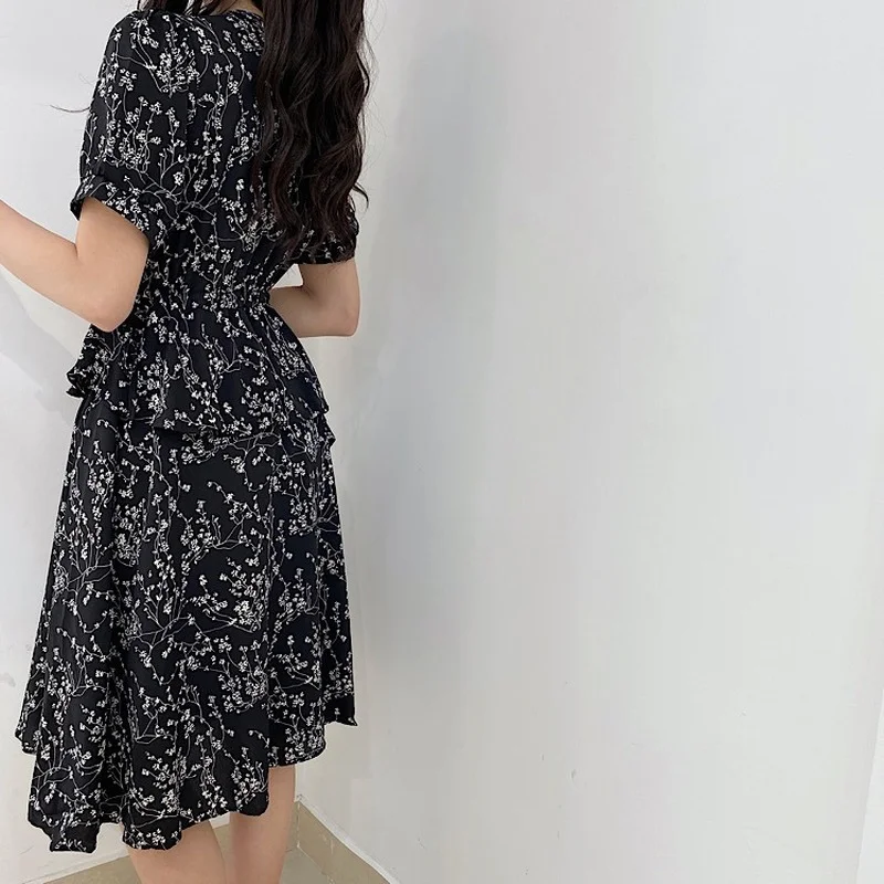 

Houthion New Women's Dress Fashion Tops Korean Plus Size Short Sleeve V-neck Floral Casual Chiffon Dresses