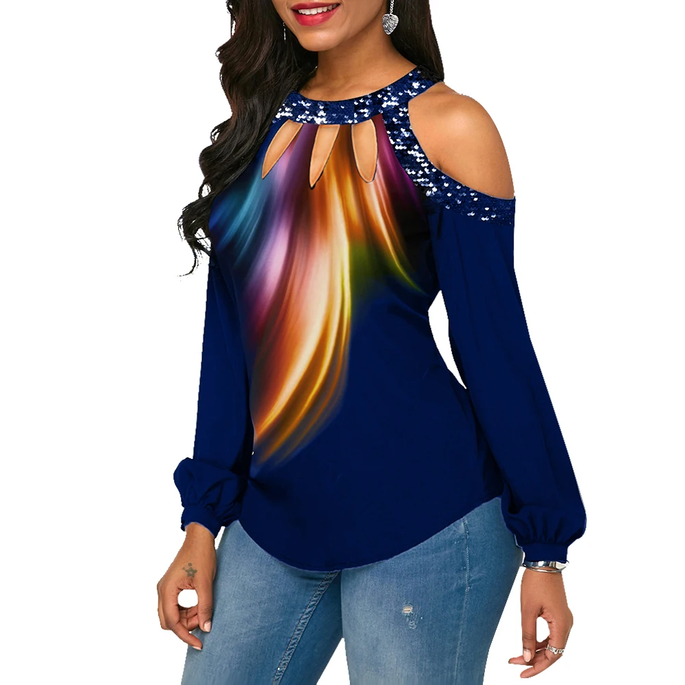 Женская футболка с длинным рукавом и блестками принтом|Футболки| |