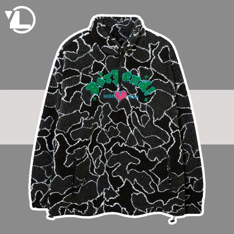 

Hip Hop Lambswool Jackets Men Letter Embroidery Winter Coat Casual Fleece Thick Parkas Streetwear Oversized Stand Collar Coat