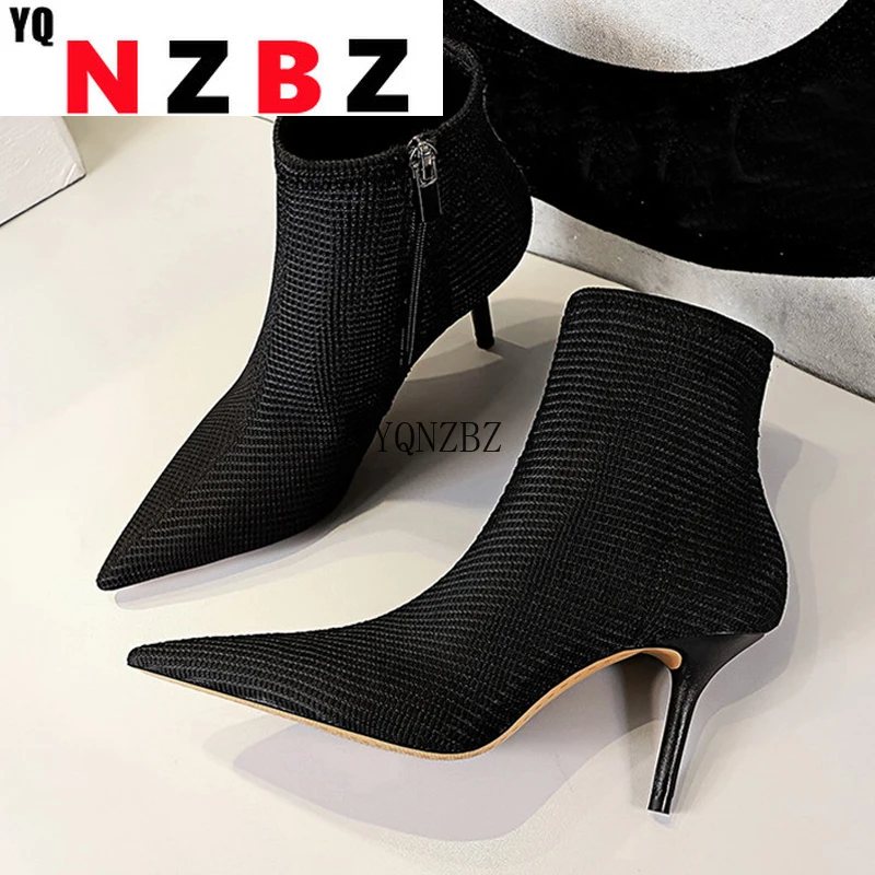

YQNZBZ Black PointedToe Women Ankle Boots Autumn Winter New Knitted Stretch Fabric Sock Shoes Fashion Zip High Heels Sexy Pumps