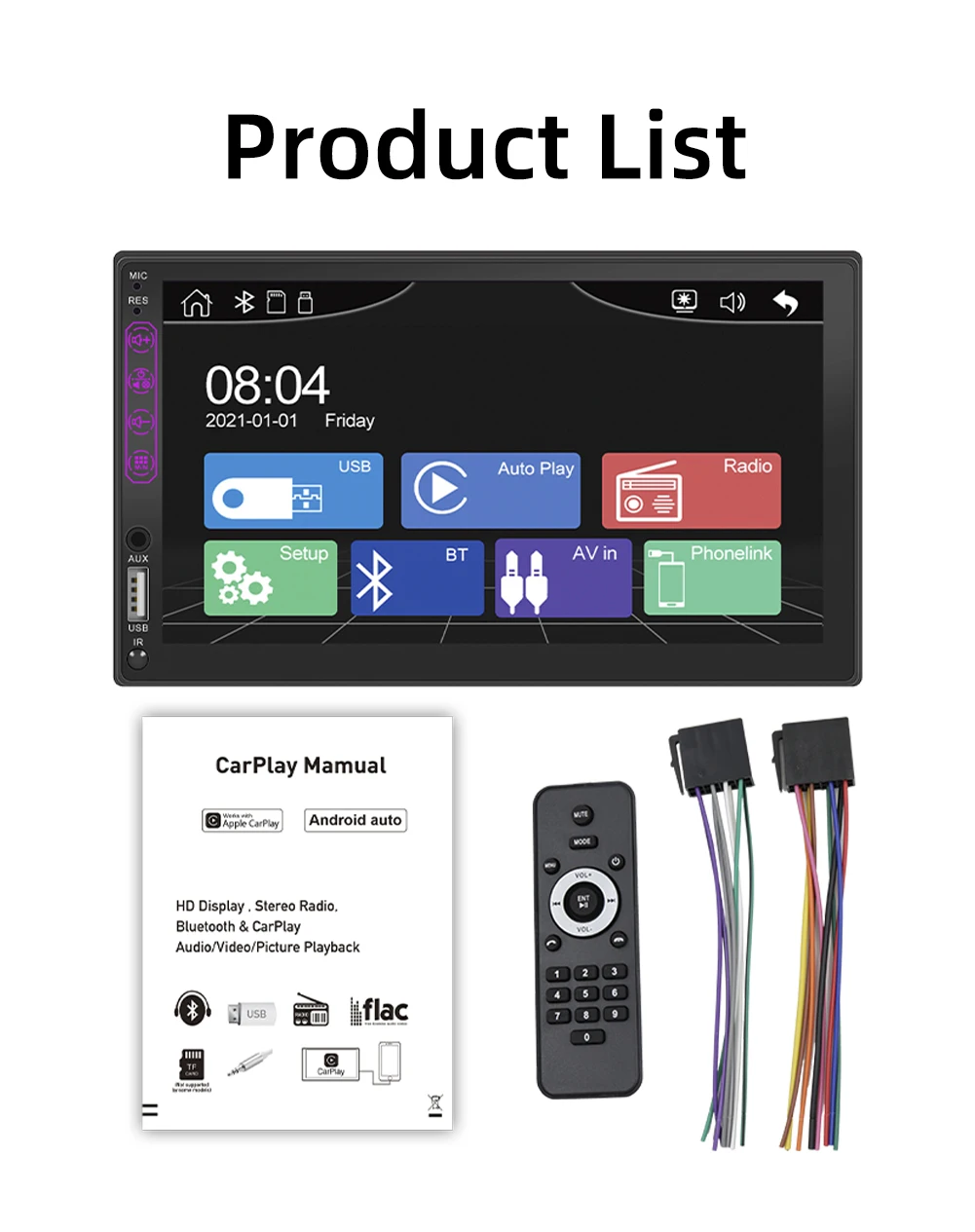 New 2 DIN Car Radio 7" Touch Screen Stereo Bluetooth MP5 Multimedia Player Supports Android/Apple Carplay /IOS Mirror Connection |