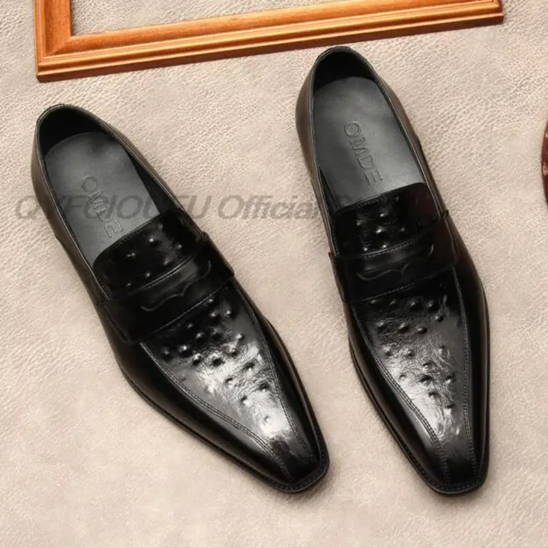 

Туфли мужские из натуральной кожи, классические лоферы, роскошная обувь для офиса и свадьбы, деловой стиль, страусиный узор, черные