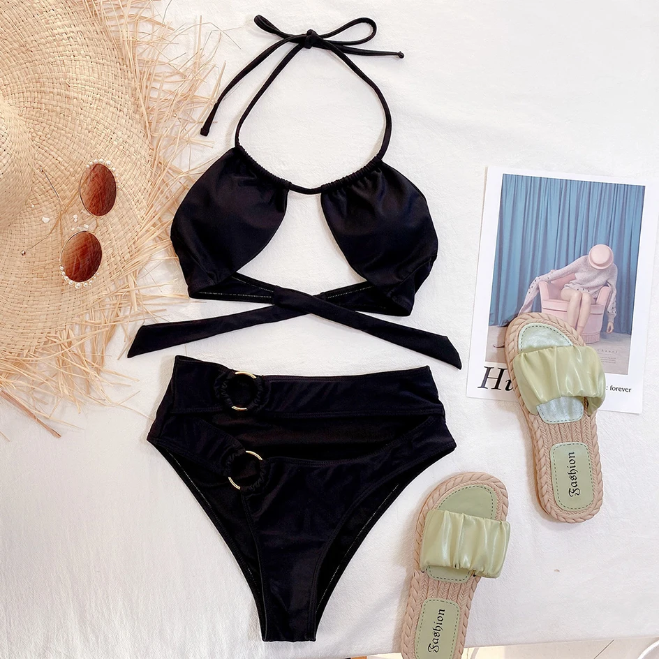 

High Waist Bikini 2021 Swimwear Women Swimsuit Sexy Hollow Out Black Bikinis Set Brazilian Swimming for Bathing Suit Beach Wear