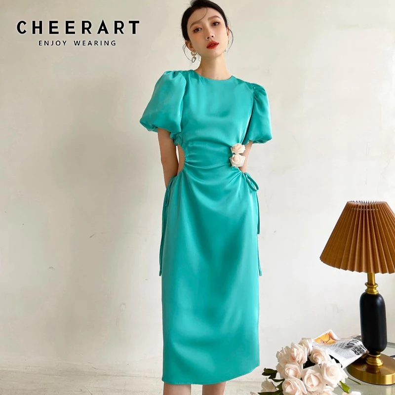 

Женское облегающее платье CHEERART, изумрудно-Зеленое Длинное Летнее платье с пышными рукавами, со сборками и вырезами, с завышенной талией, эле...