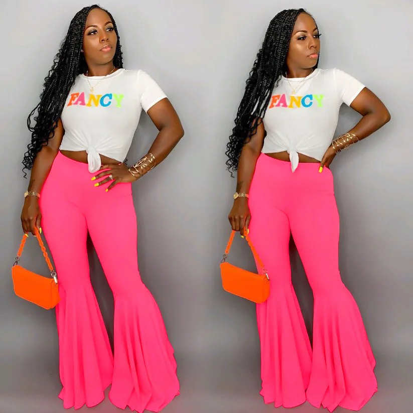 Plus Size 5XL Pants Casual Neon High Waist Full Length Elastic Flare Women Sexy Ruffles Hem Trousers Leggings | Женская одежда