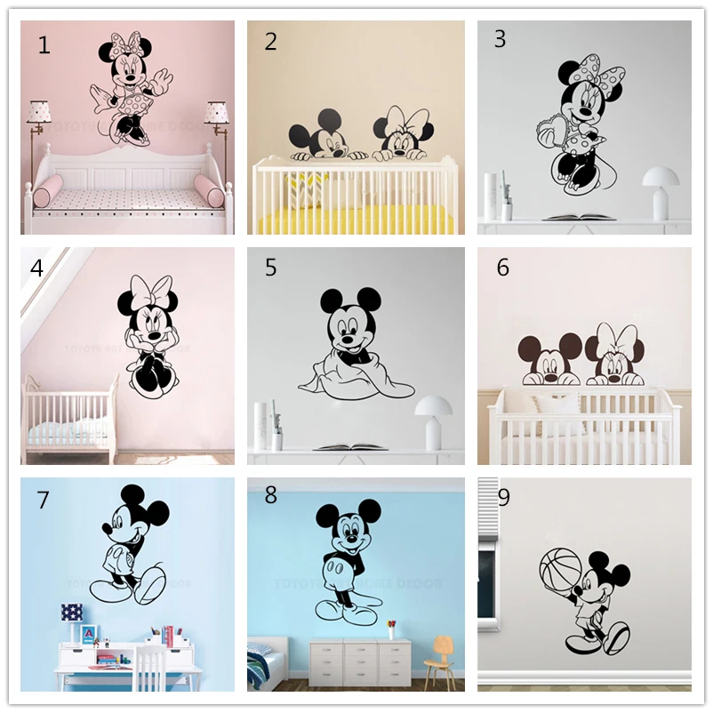 

Disney 9 styles Mickey Minnie Mouse Cartoon Wall Stickers Kids Bedroom Art Decor Cute Baby Nursery Art Vinyl Wall Decals
