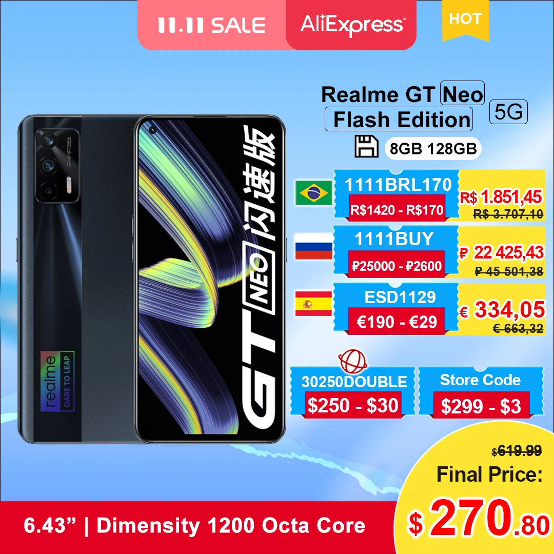 

Смартфон Realme GT Neo Flash Edition/Realme X7 Max 5G, 6,43 дюйма, FHD + AMOLED, 1200 дюйма, 8 ядер, 65 Вт, быстрая зарядка, 64 мп, 4500 мАч