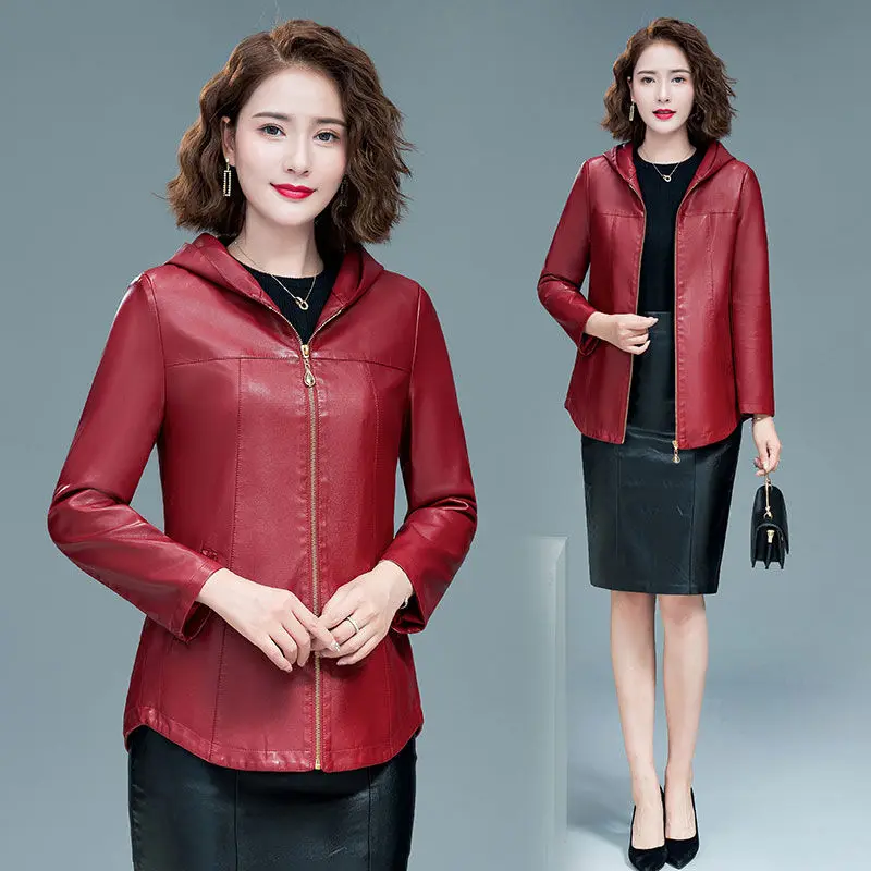 2021 New Faux Pu Leather Jackets Women Autumn Hooded Outerwear Female Long Sleeve Pockets Zipper Coat Slim Biker Jackets X608