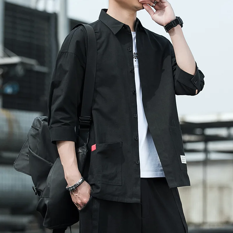 

Men's casual work shirt Korean fashion short sleeve 2021 summer loose men's 7 / 4 Sleeve Shirt base shirt