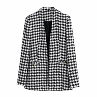 women fashion tweed houndstooth blazer coat vintage long sleeve welt pockets female outerwear chic veste
