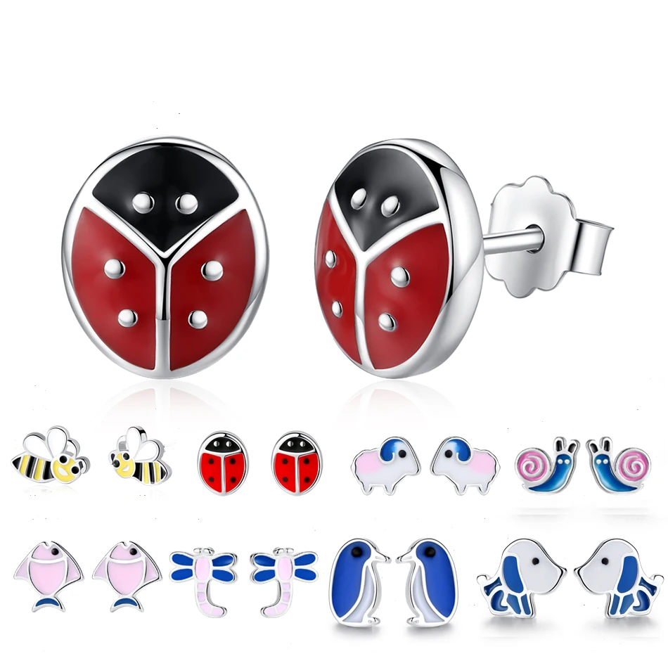 Серьги-гвоздики из стерлингового серебра 925 пробы с божьей коровкой Пчелой