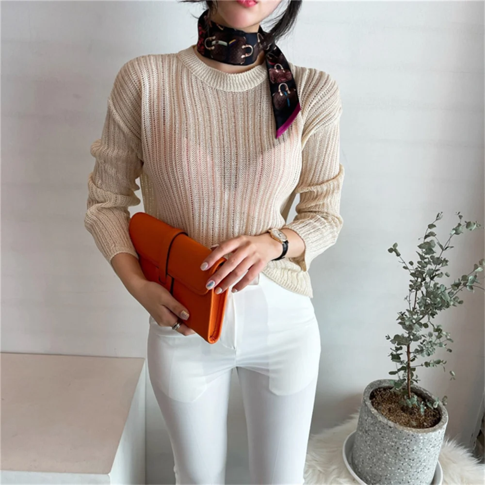 

Hollow Out Sext Femme Tops Knitwear Sunscreen Unicolor Knitted Chic Summer Full Sleeves Pullovers Women Sweaters