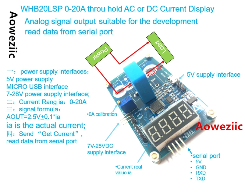 

1PCS WHB20LSP 0-20A AC DC throu hole current display meter read data from Serial port with USB TO TTL