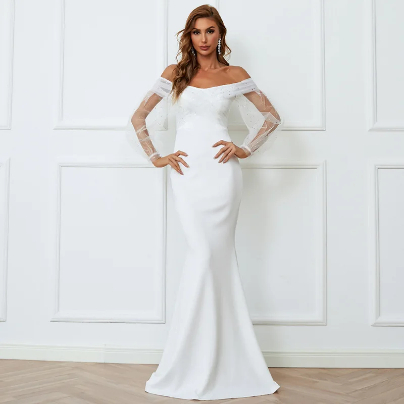 

Женское длинное платье с вырезом лодочкой, элегантное белое Сетчатое платье в стиле знаменитостей, вечернее платье для свадьбы, Осень-зима