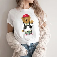 cool handsome teddy bear print 100 cotton women short sleeve t shirt round collar casual fashion couple comfortable oversized s