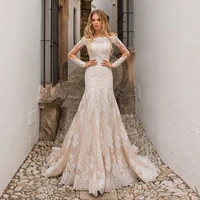 long sleeves champnage expensive fully lace applique mermaid wedding dress long sleeves champagne bridal gowns