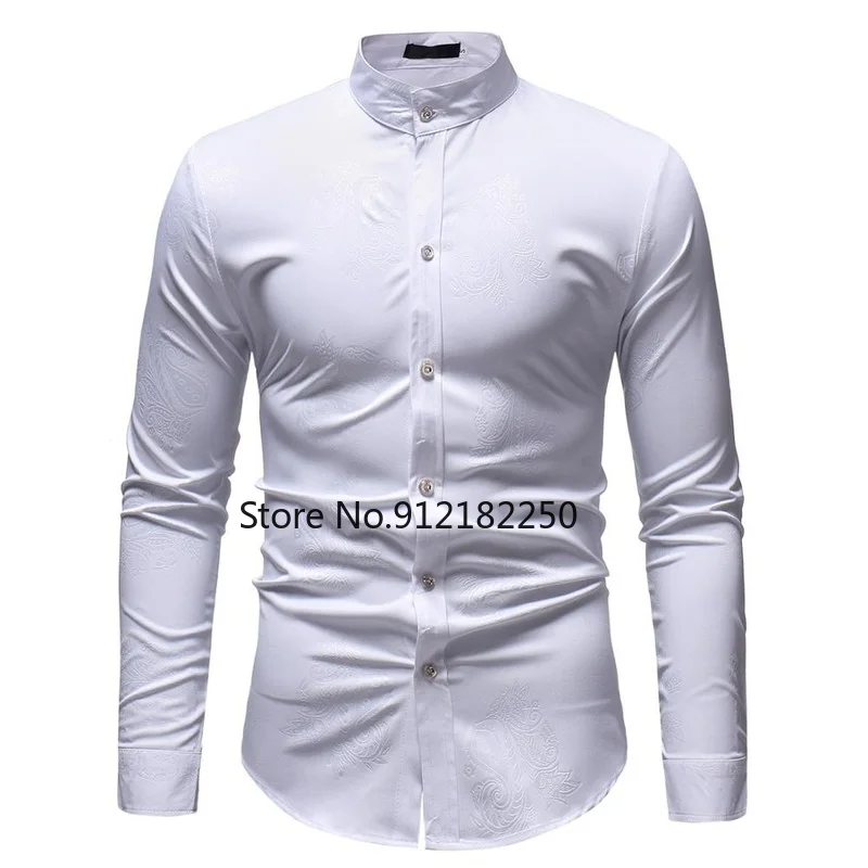 Mens Paisley Print Mandarin Collar Dress Shirts 2021 Fashion Slim Fit   Long Sleeve Shirt Men Business Casual Camisa Masculina