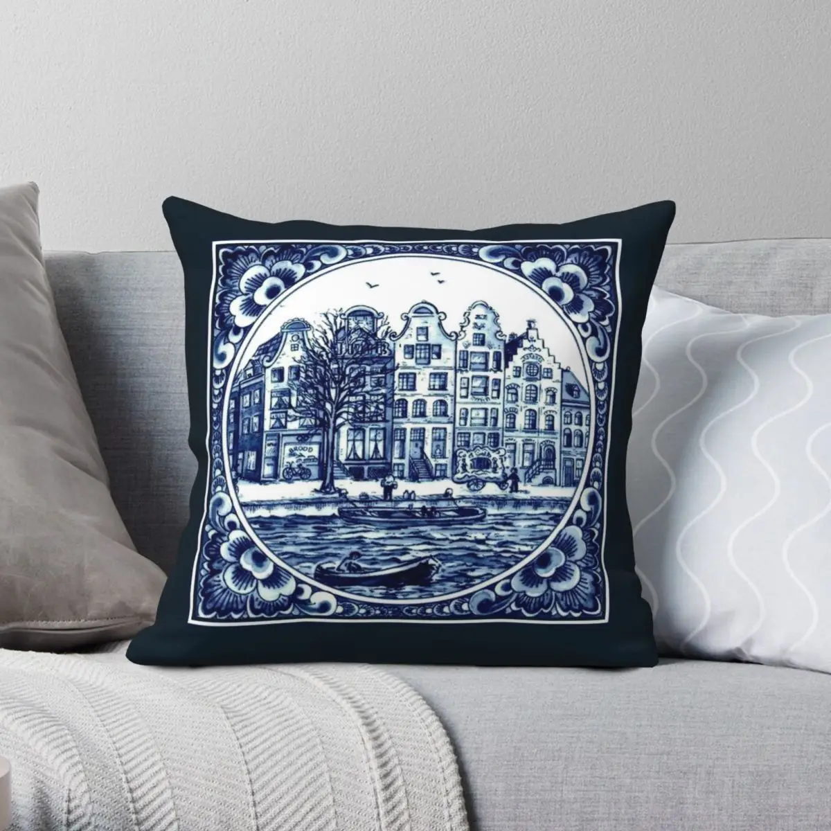 

DUTCH BLUE DELFT Vintage Square Pillowcase Polyester Linen Velvet Pattern Zip Decor Room Cushion Cover 18"