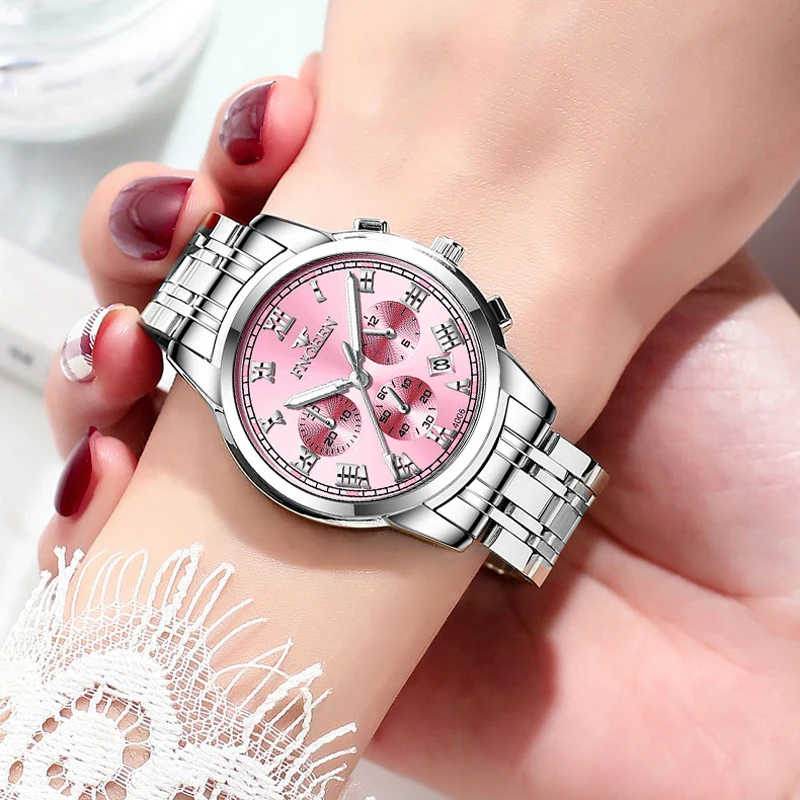 FNGEEN Women Watches Top Brand Luxury Women Dress Watch Stainless Steel Pink Quartz Wristwatches Waterproof Luminous Hands