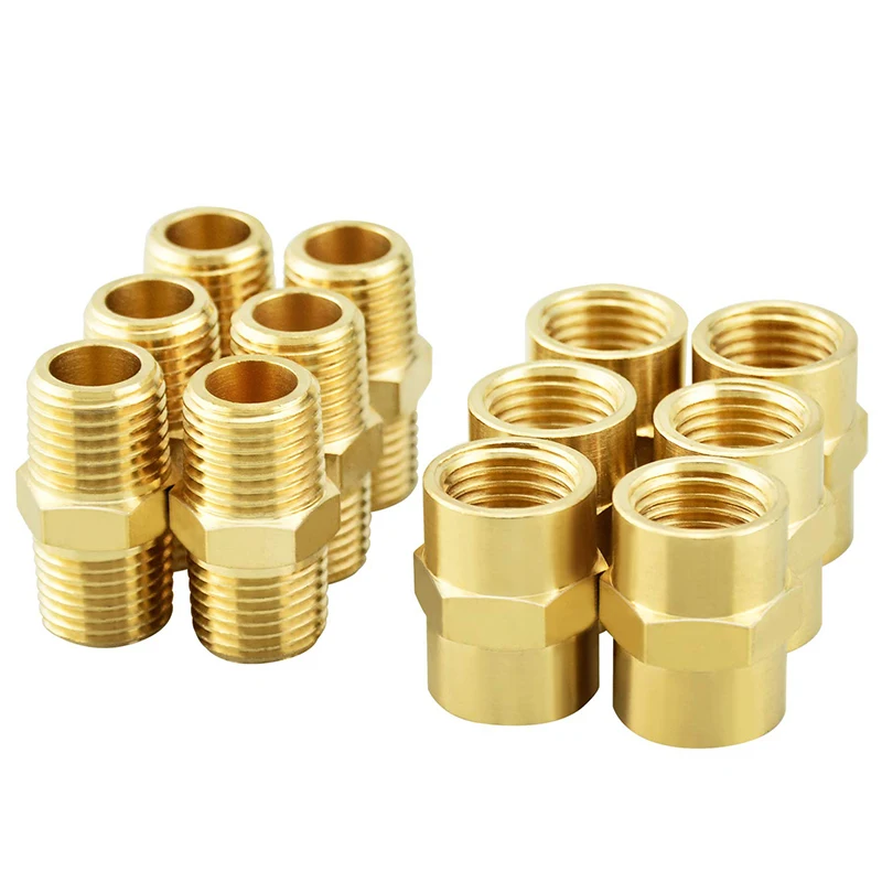 12PCS Pneumatic Tools Supporting Brass 1 / 4NPT Double Head Threaded Connector Metal Brass Pipe Fittings