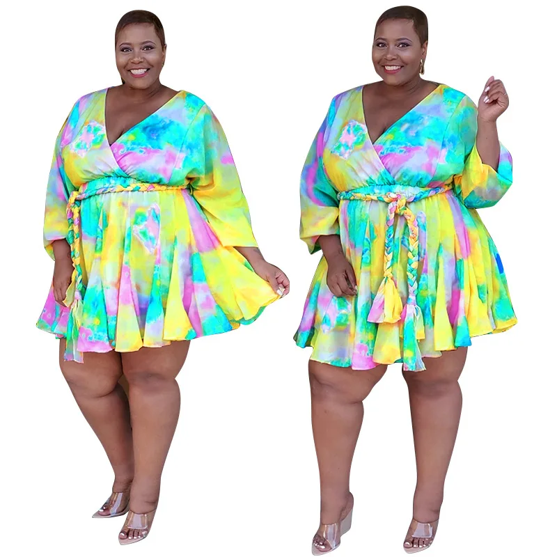 

S-2XL-5XL Large Miniskirt Lady Print V-neck Sexy Long Sleeve Dress Summer New Elegant High Quality Loose Dress African Clothing